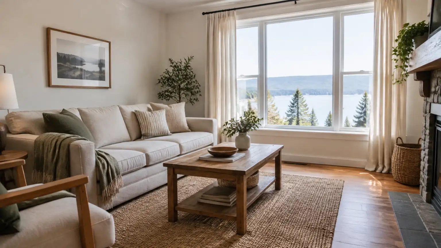 Bright short-term rental living room photographed in natural daylight from a corner