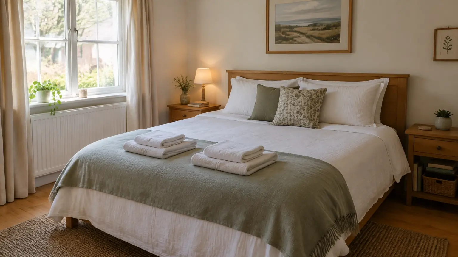 Short-term rental bedroom with folded linen and soft morning daylight