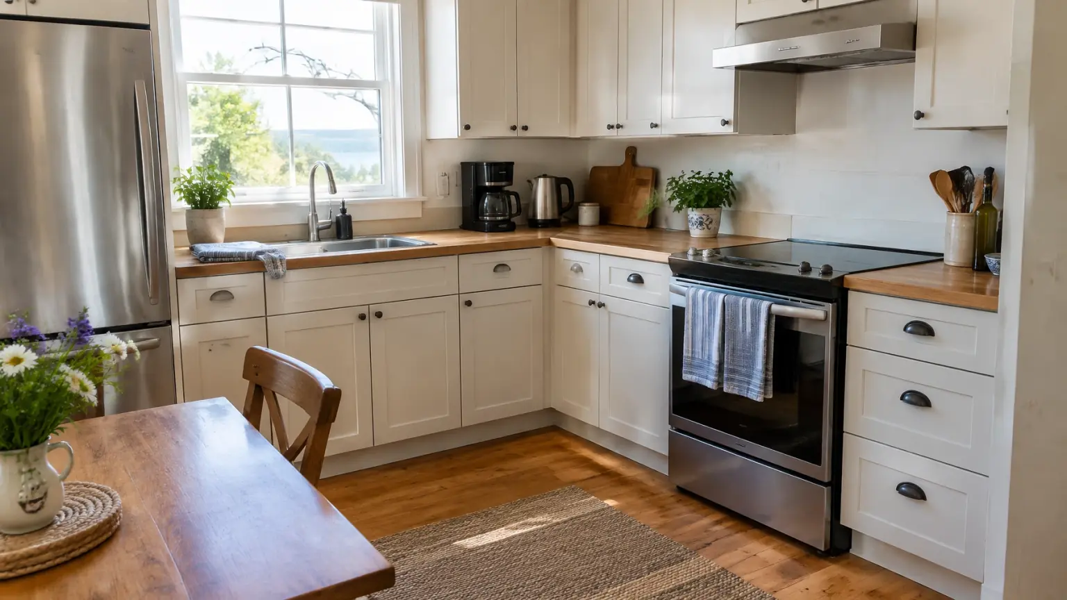 Calm short-term rental kitchen with useful guest details in natural daylight