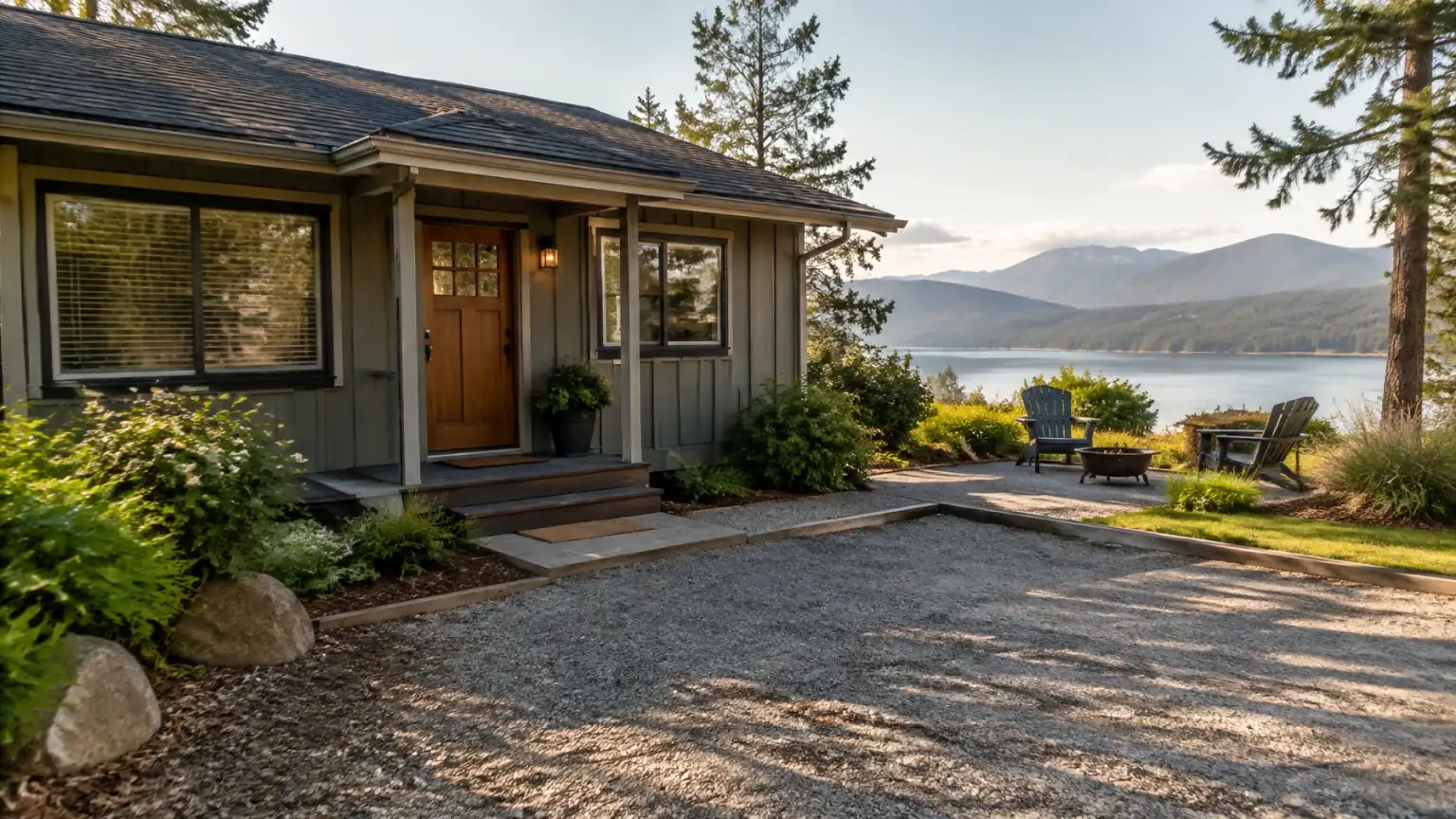Short-term rental entrance and parking area photographed honestly in late afternoon light