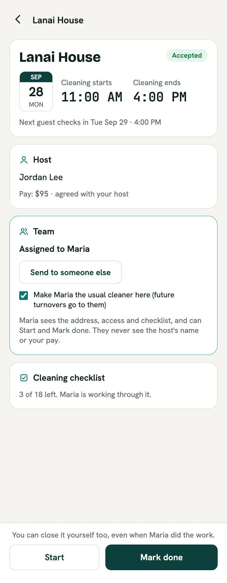 A job at Lanai House showing the host and pay, and a Team section that says Assigned to Maria with a Send to someone else button and a Make Maria the usual cleaner here checkbox