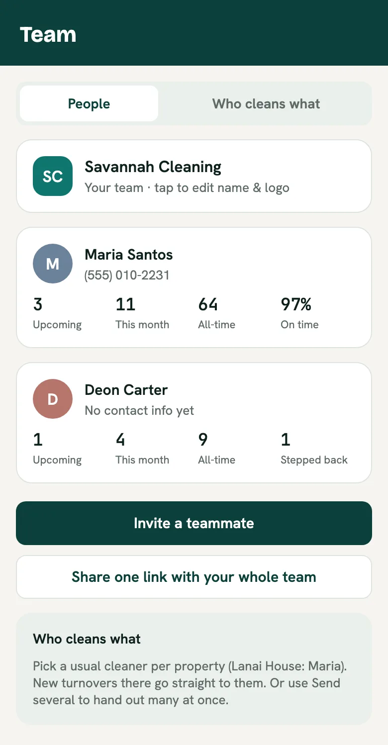 The Team screen showing the team name Savannah Cleaning, two teammates with their job counts, and buttons to invite a teammate