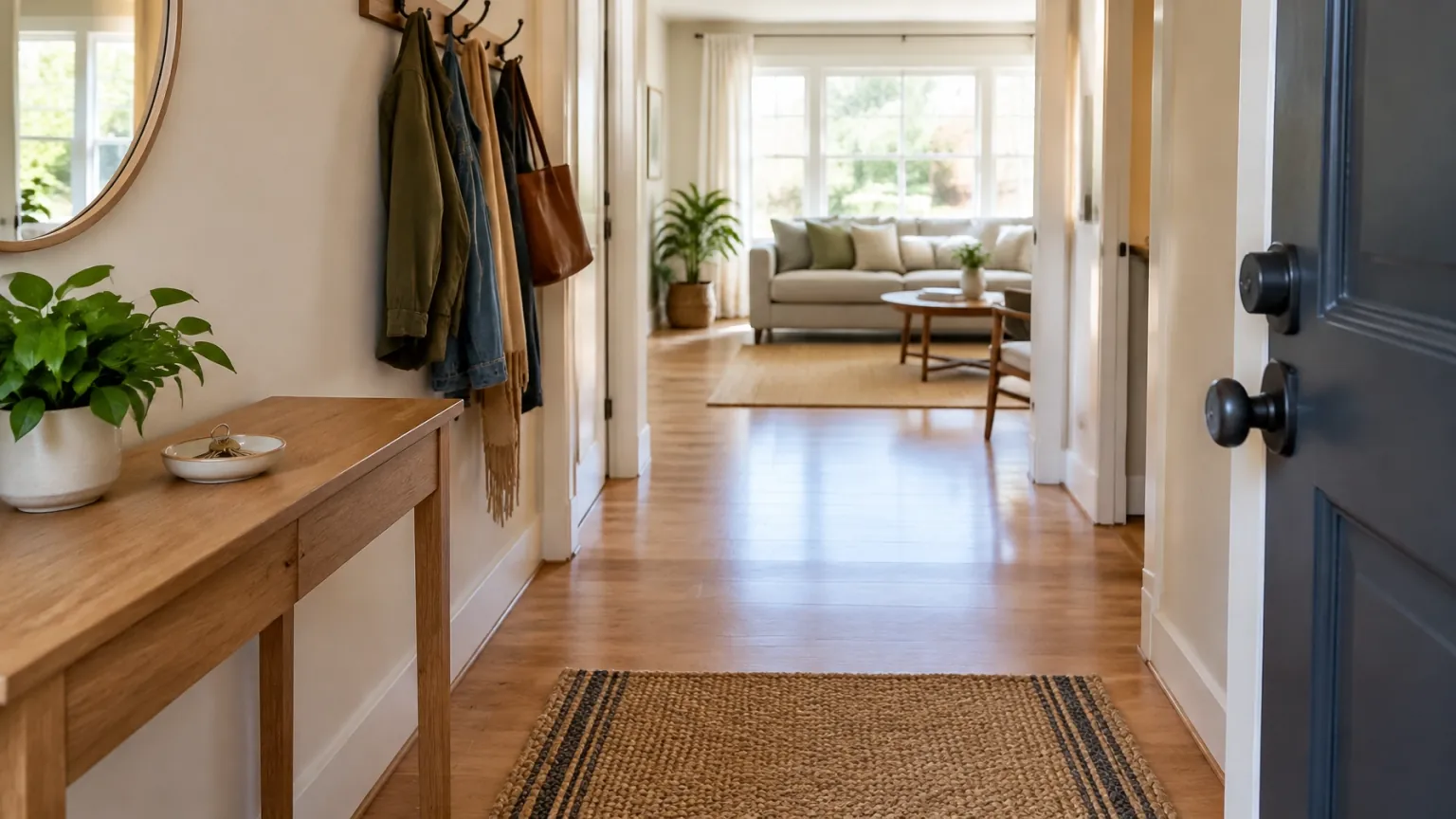 A clean vacation rental entryway with a clear path into a bright living room