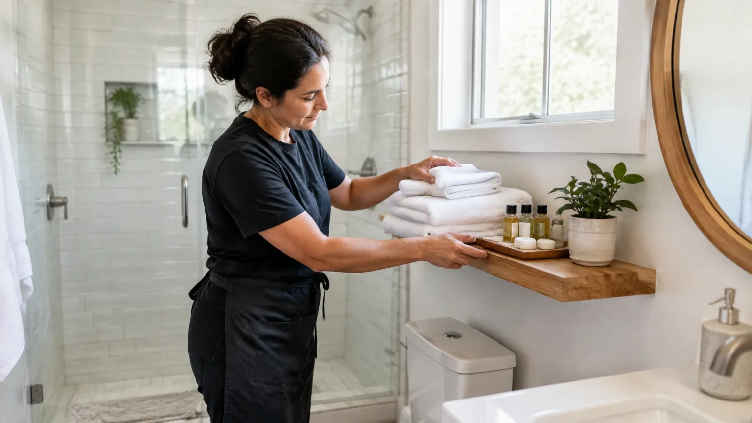 A cleaner folding fresh towels in a real vacation rental bathroom during a daylight turnover