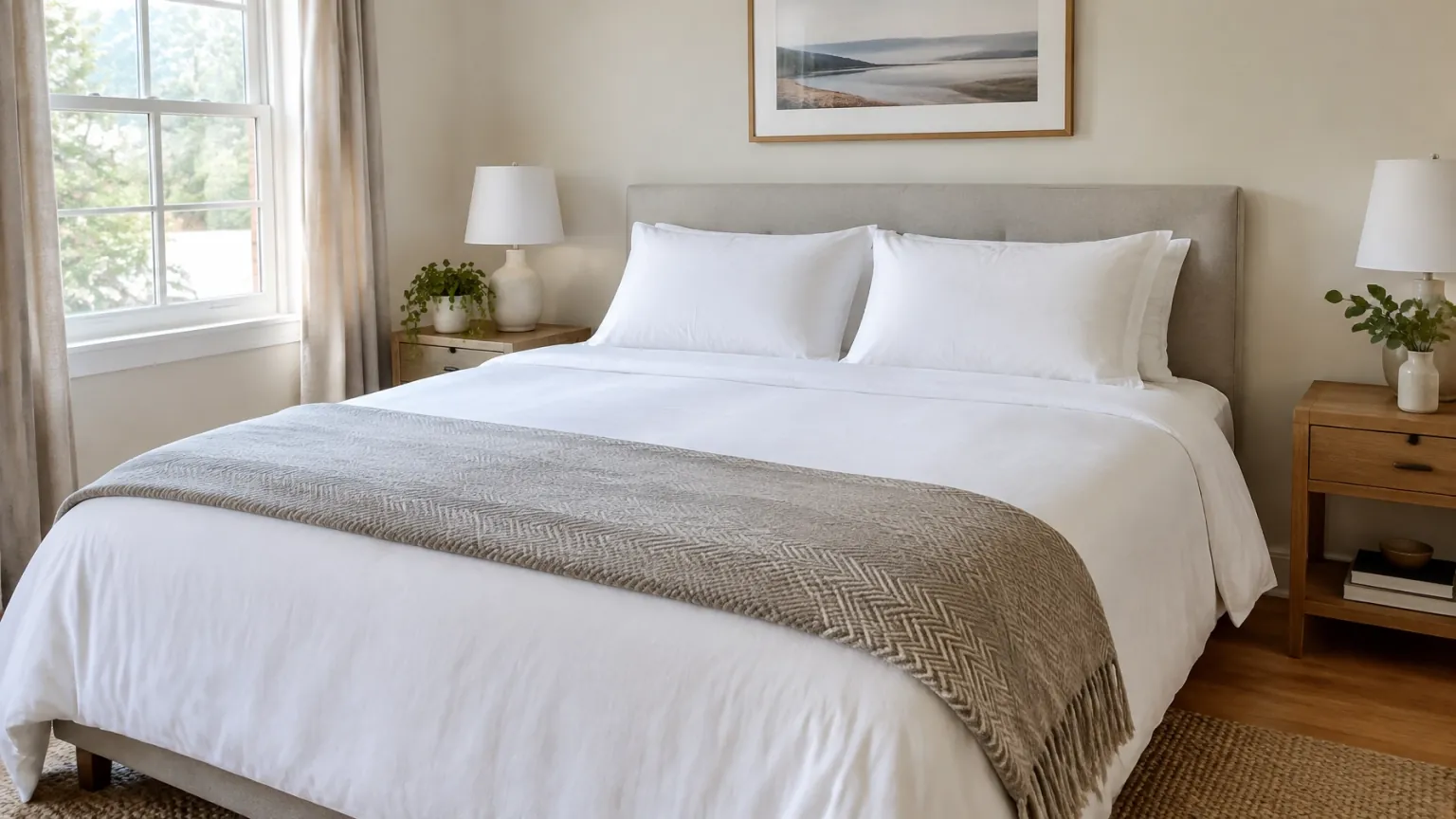 Bright short-term rental bedroom with fresh linens ready for arriving guests