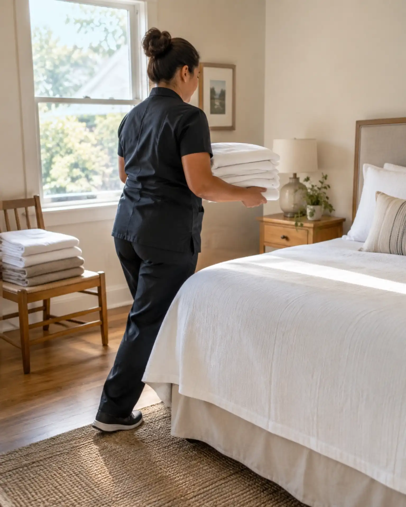 Cleaner carrying fresh folded linen toward a made bed in a daylight-filled vacation rental