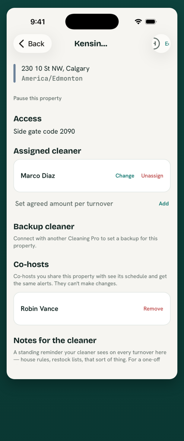 Property setup with an assigned cleaner and a backup