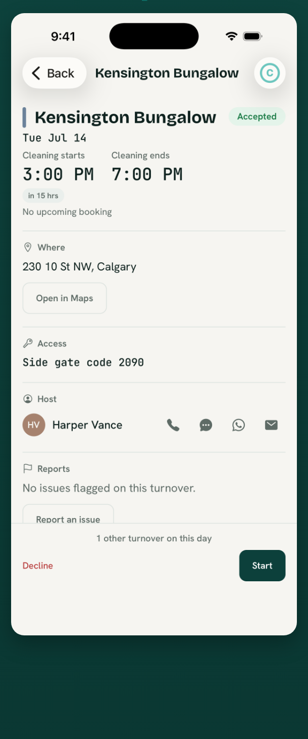 A turnover detail with time, address, access code, and the host's contact
