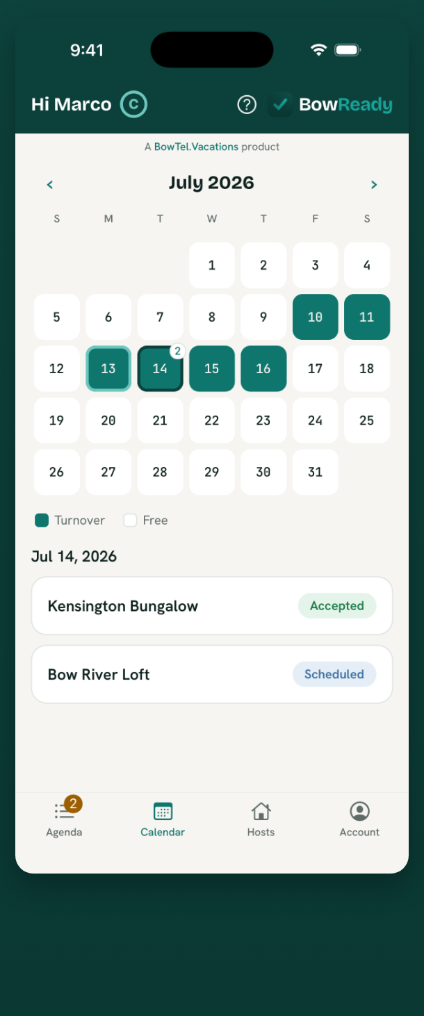 A month calendar with turnover days marked and the day's jobs below