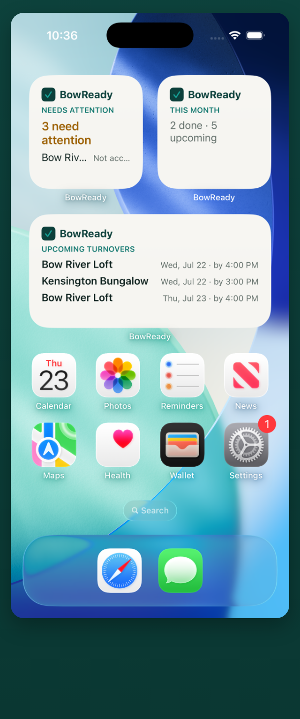 BowReady home-screen widgets showing the next turnovers