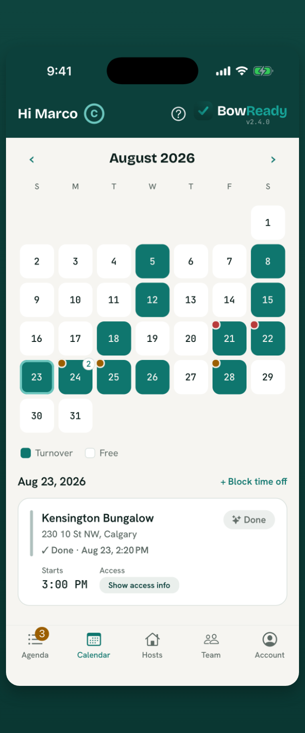 BowReady cleaner calendar showing a month of turnovers with busy days marked and a day's job listed underneath