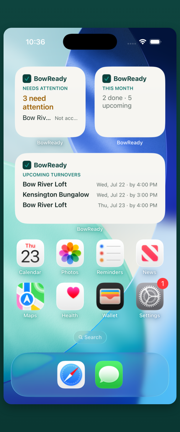 BowReady iOS home-screen widgets showing what needs attention, a monthly summary, and a list of upcoming turnovers with dates and deadlines