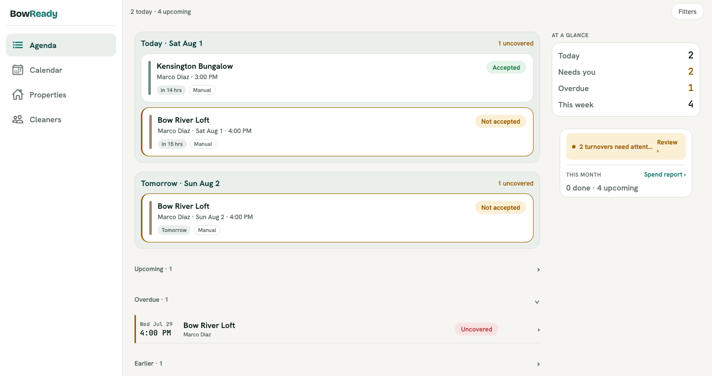 BowReady web portal host agenda showing today and tomorrow's turnovers with an at-a-glance panel counting today, needs you, overdue, and this week