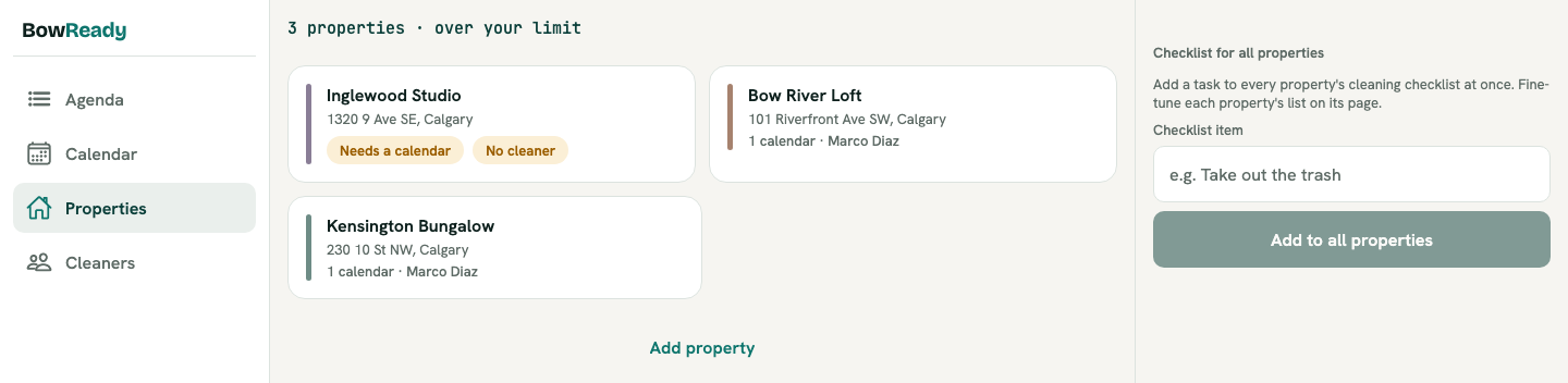 BowReady web portal Properties view showing several rentals under one account and a single plan